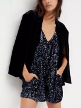 Free People Sparkle & Shine Navy Sequin Tie-Back Romper XS NWOT